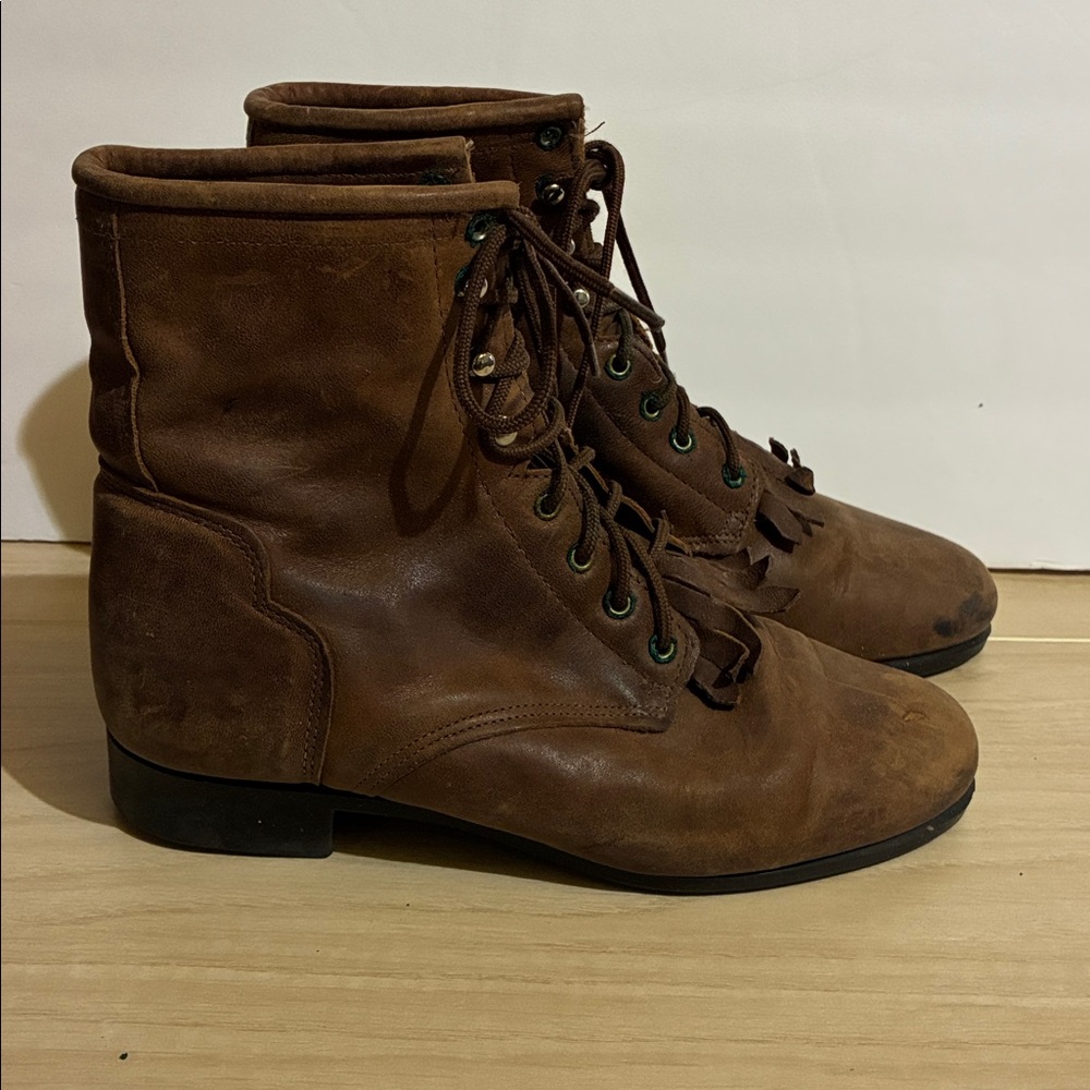 J Chisholm Western Lace Ankle Boots Combat Leather Distressed Ranch Barn Country